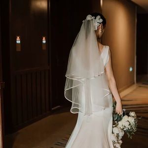 Short Wedding Veil with Comb Satin Trim Waist Length